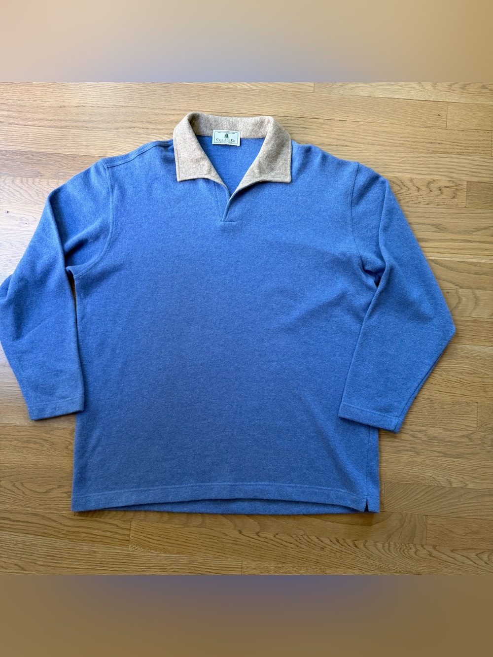 Carroll & co. Vintage Men's V-Neck Polo Collar Sweater iBlue Tan XL